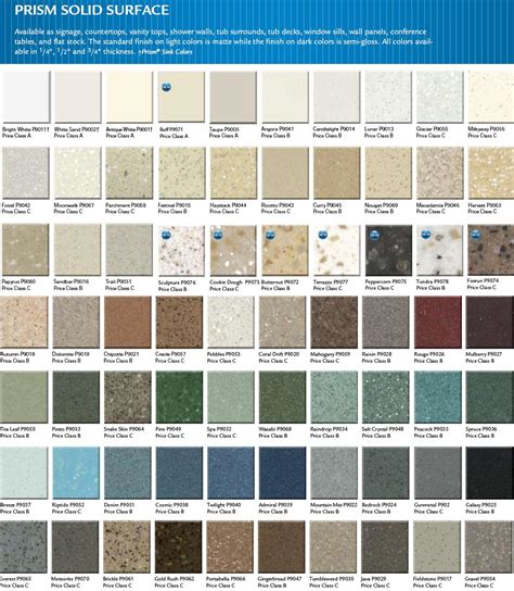 solid surface color match chart.